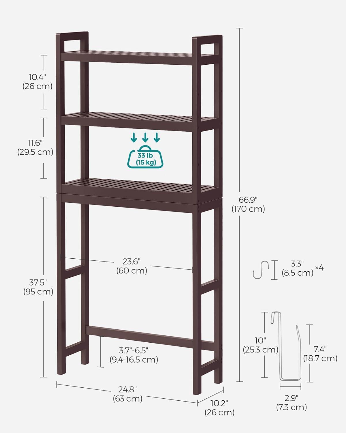 SONGMICS 3-Tier Over The Toilet Storage Bamboo Over Toilet Bathroom Organizer with Adjustable Shelf Brown