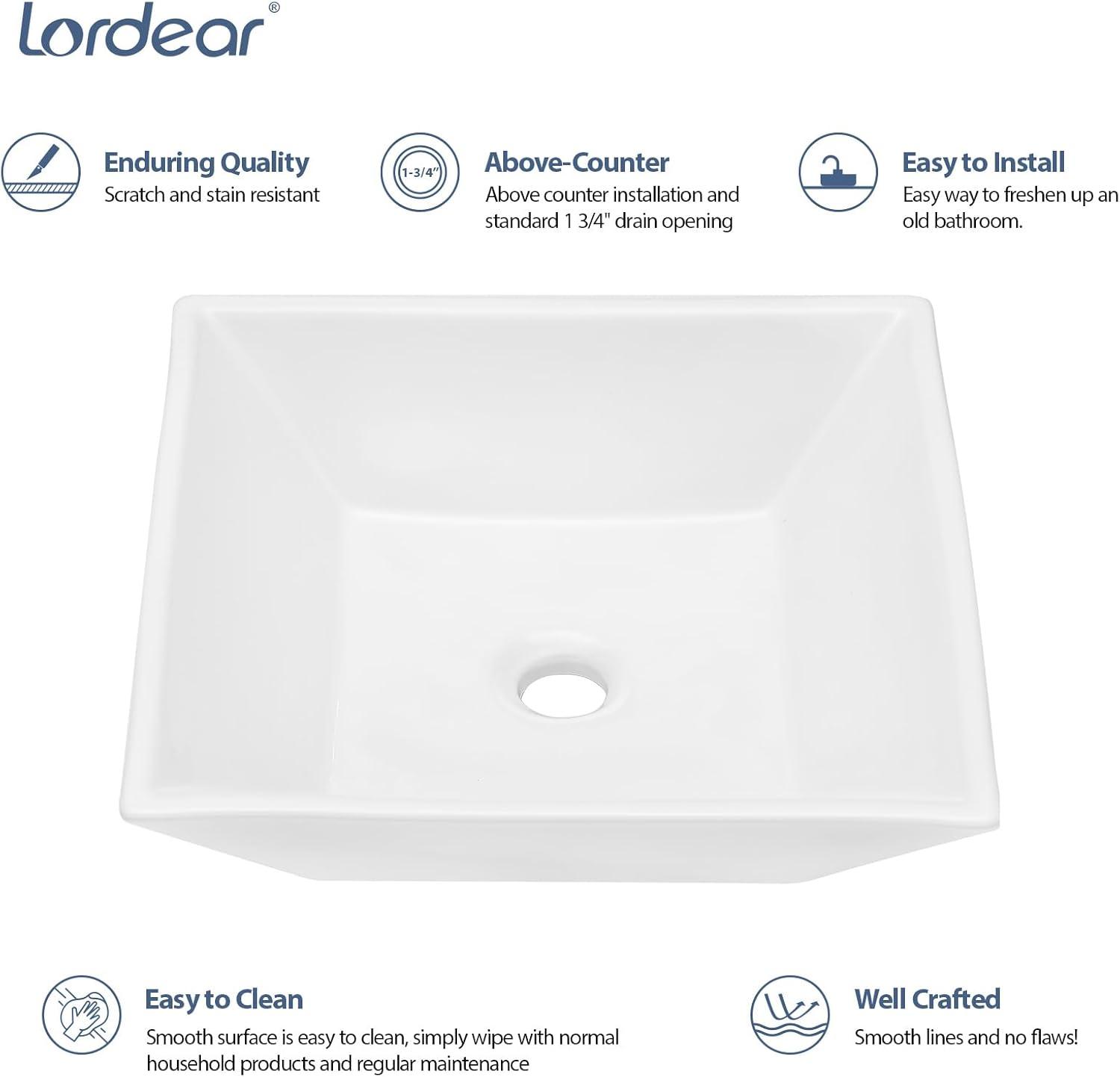 16-Inch White Ceramic Square Above-Counter Bathroom Vessel Sink