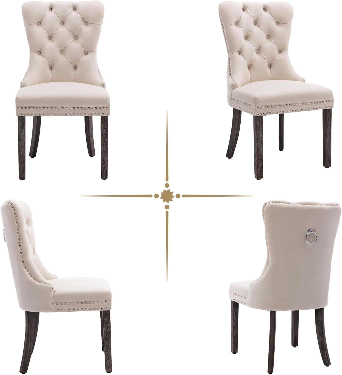 Velvet Dining Chairs Set of 4, Nikki Collection Dining Room Chairs with Wood Legs and Pull Ring, Luxury Side Chair with Nailhead Trim and Button Tufted Back, Beige