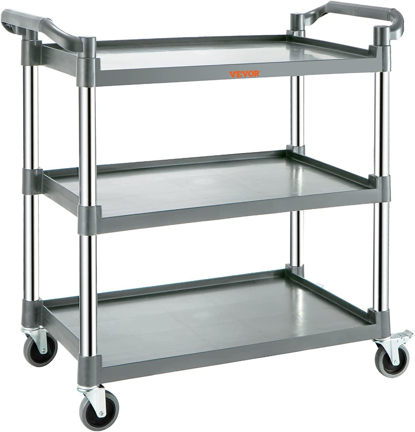 Utility Service Cart, 3 Shelf Heavy Duty 220LBS Food Service Cart, Rolling Utility Cart with Lockable Wheels, 40" x 19.3" x 38.6" Plastic Utility Cart for Kitchen Office Restaurant Home, Grey