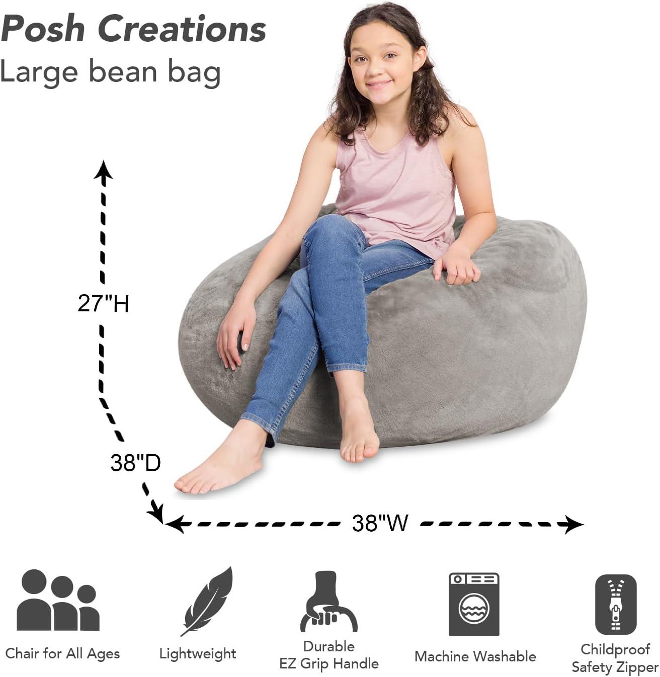 Large Gray Faux Rabbit Fur Bean Bag Chair with Removable Cover