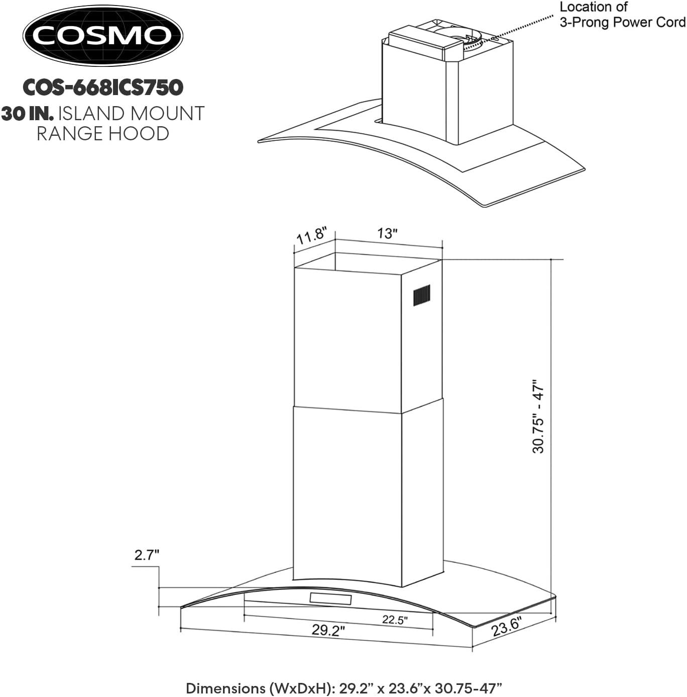 Cosmo 30 in. Ducted Island Range Hood in Stainless Steel with LED Lighting and Permanent Filters