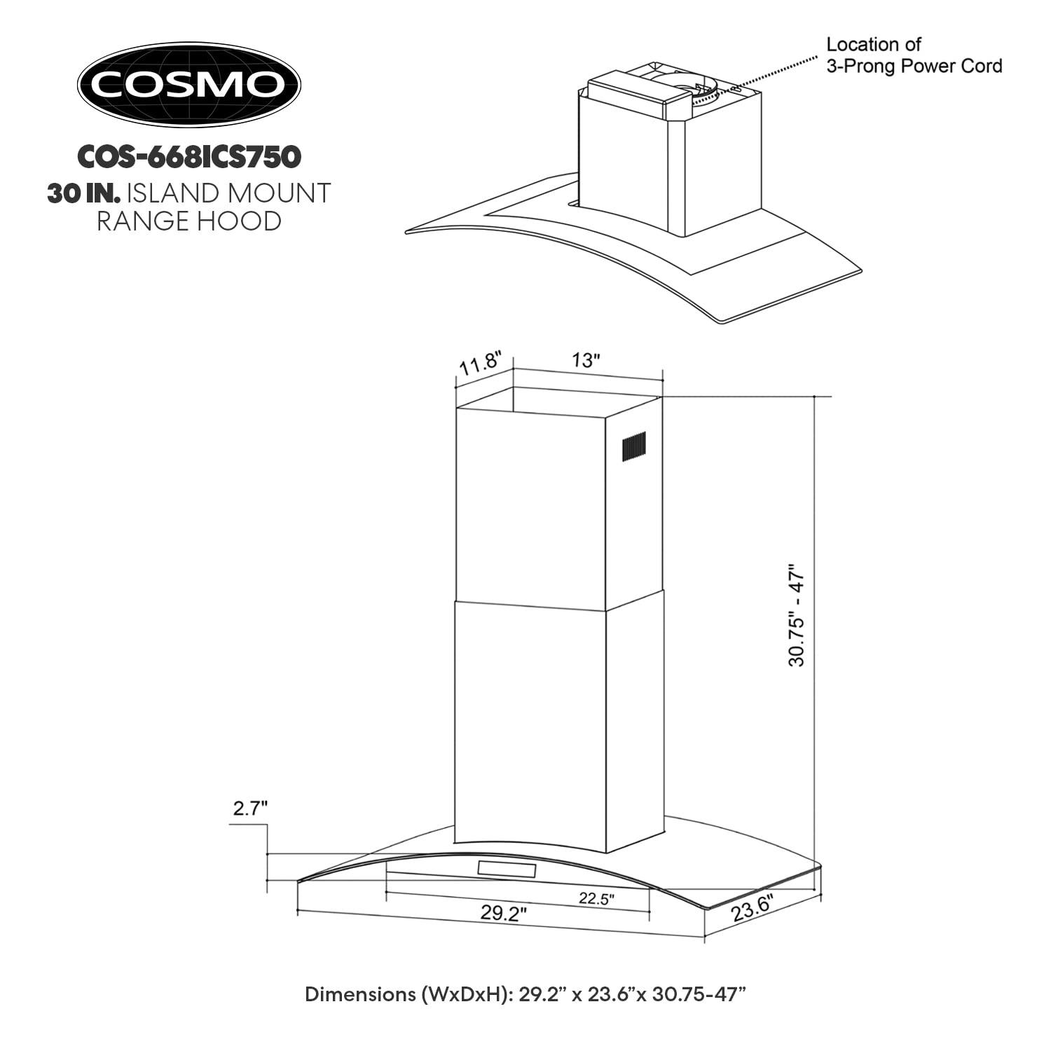Cosmo 30 in. Ducted Island Range Hood in Stainless Steel with LED Lighting and Permanent Filters