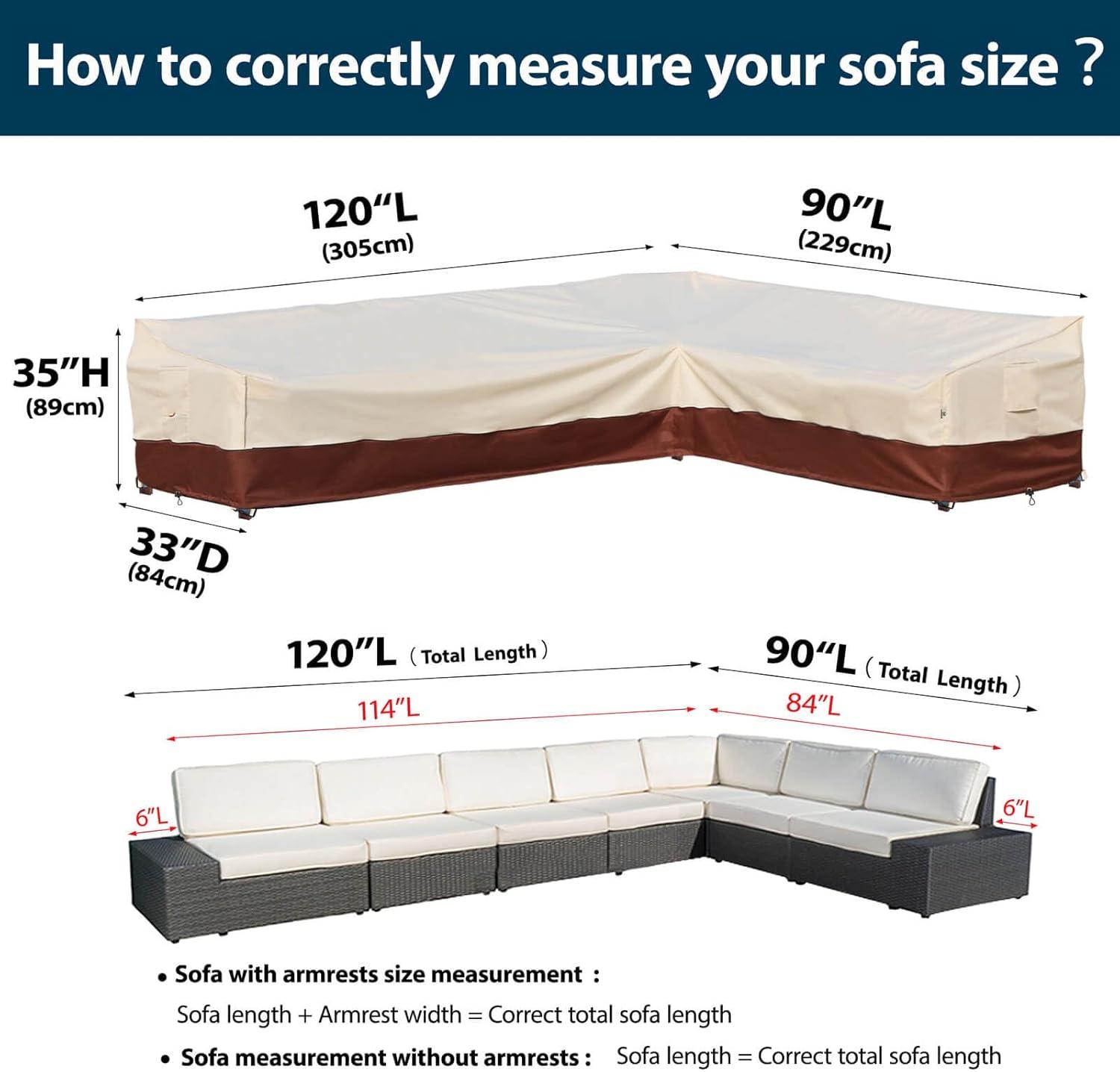 Outdoor Sectional Cover-V-Shaped Garden Patio Furniture Covers Waterproof Rip-Stop Anti-UV 600D Heavy Duty Outdoor Couch Cover with 3 Air Vents Sofa Cover 85''L 33.5''D 31''H,Beige & Reddish Brown