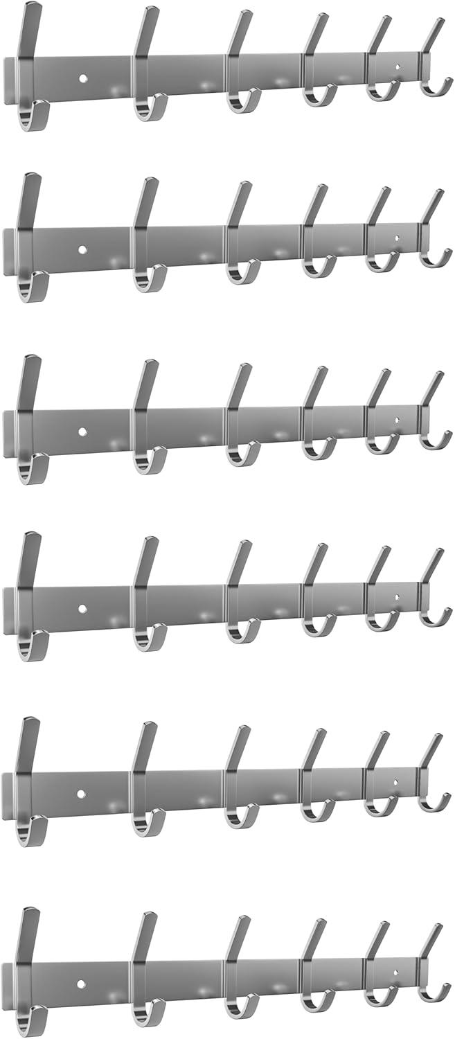 Brushed Nickel 17-Inch Wall Mount Coat Rack with 6 Double Hooks