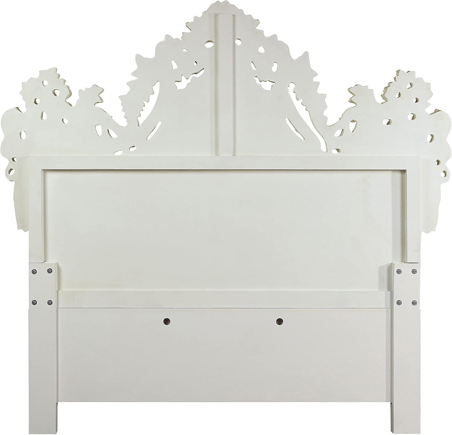 Acme Furniture: 90" Eastern King Bed Adara Bed White Synthetic Leather and Antique White Finish Victorian Style, Tufted Headboard