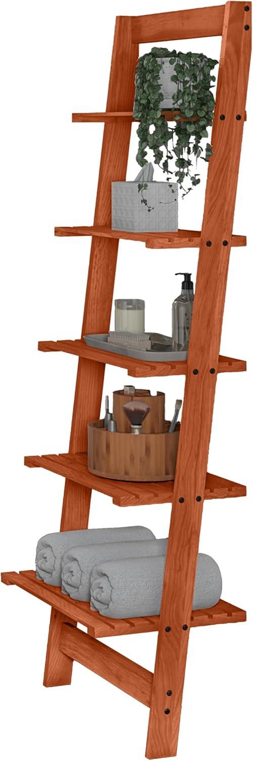 Cherry Painted Wood 5-Tier Leaning Ladder Bookshelf