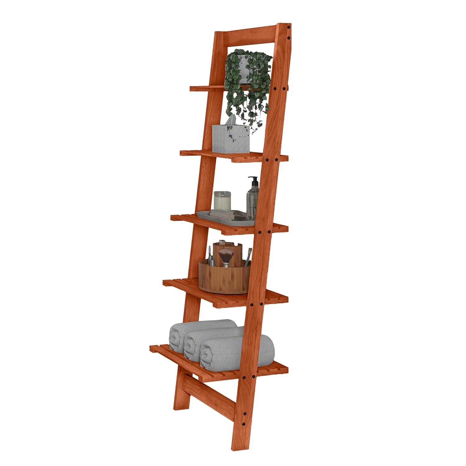 Cherry Painted Wood 5-Tier Leaning Ladder Bookshelf