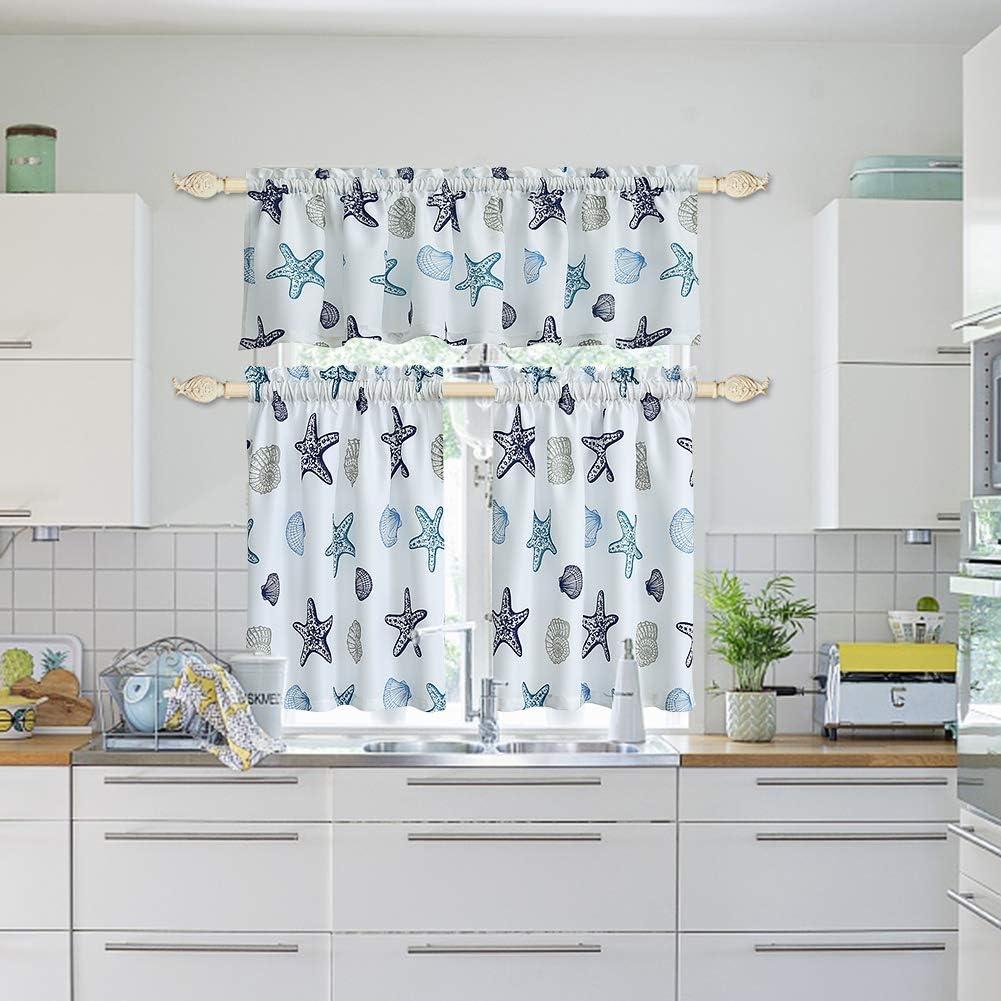 Tier Curtains for Kitchen Windows Starfish café Curtains, 1 Pair 27" x 36" Multi-Color Seashell Conch Printed Half Window Curtain Set for Bathroom Rod Pocket, Blue