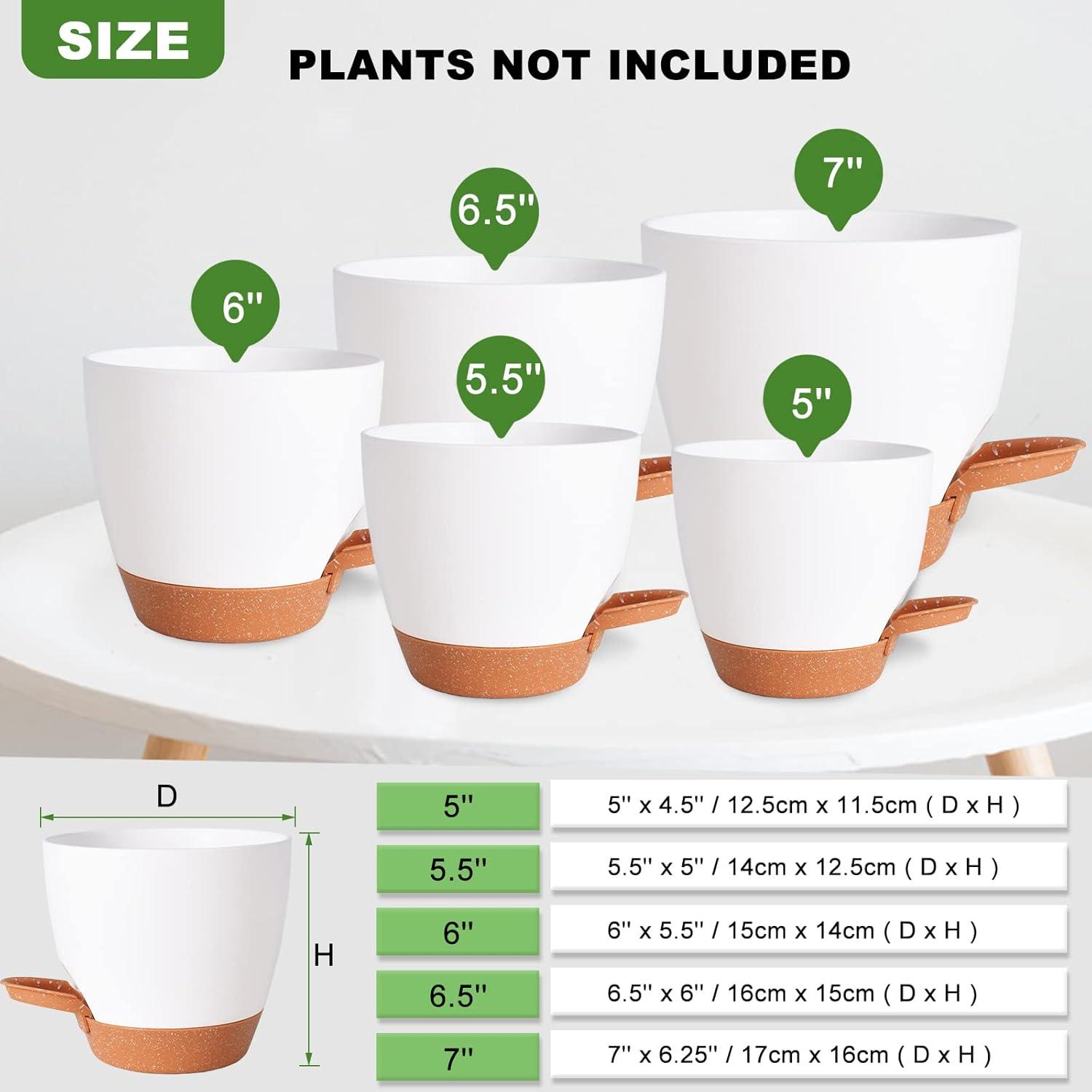 Plant Pots for Indoor Plants 5 Pack Self Watering Planters, 7/6.5/6/5.5/5 Inch Self Watering Pots with Drainage Hole Plastic Flower Pot for Herbs, Succulents, African Violet (White)