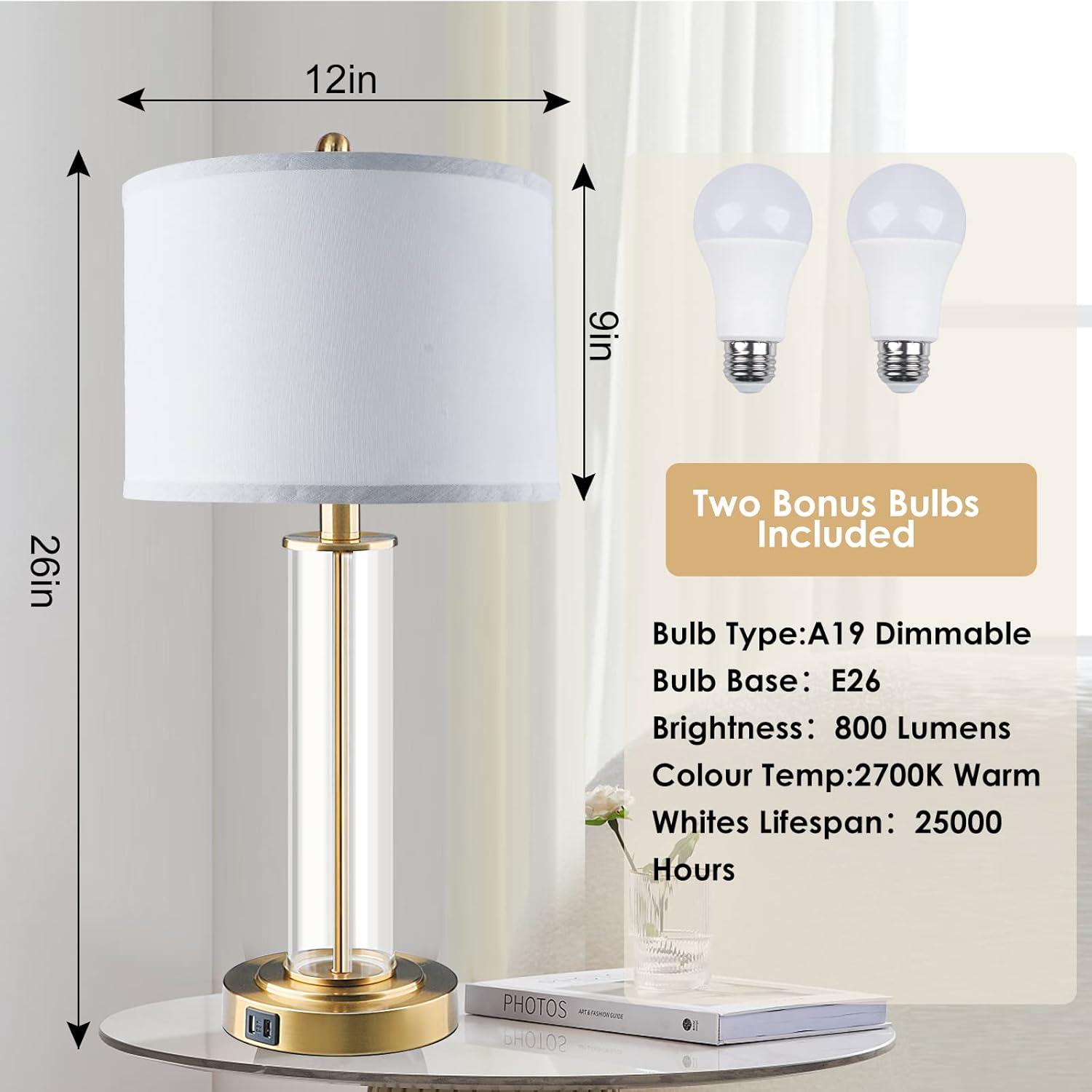 Table Lamps for Living Room,Touch Control Gold Lamps for Bedrooms Set of 2,Modern Bedside Table Lamp with Dual USB Ports,Tall Nightstand lamp with Whites Lampshades (2 Bulbs Included)