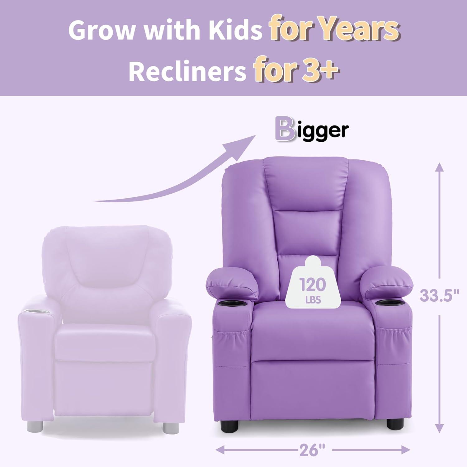 MCombo Big Kids Recliner Chair with Cup Holders for Toddler Boys and Girls, 2 Side Pockets, 3+ Age Group, Faux Leather 7322 Violet