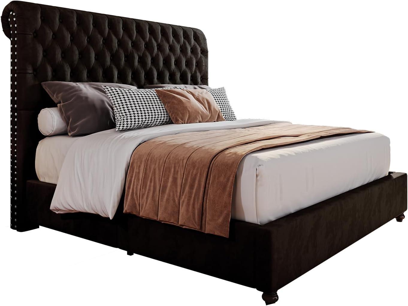 PaPaJet Platform Bed Frame Queen Size Velvet Upholstered Sleigh Bed Deep Button Rolled Edge Tufted Headboard, Wood Slats Support/No Box Spring Needed/Easy Assembly/Black