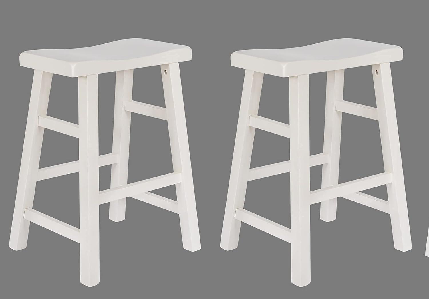 eHemco Heavy-Duty Solid Wood Saddle Seat Kitchen Counter Height Barstools, 24 Inches, Set of 2, White