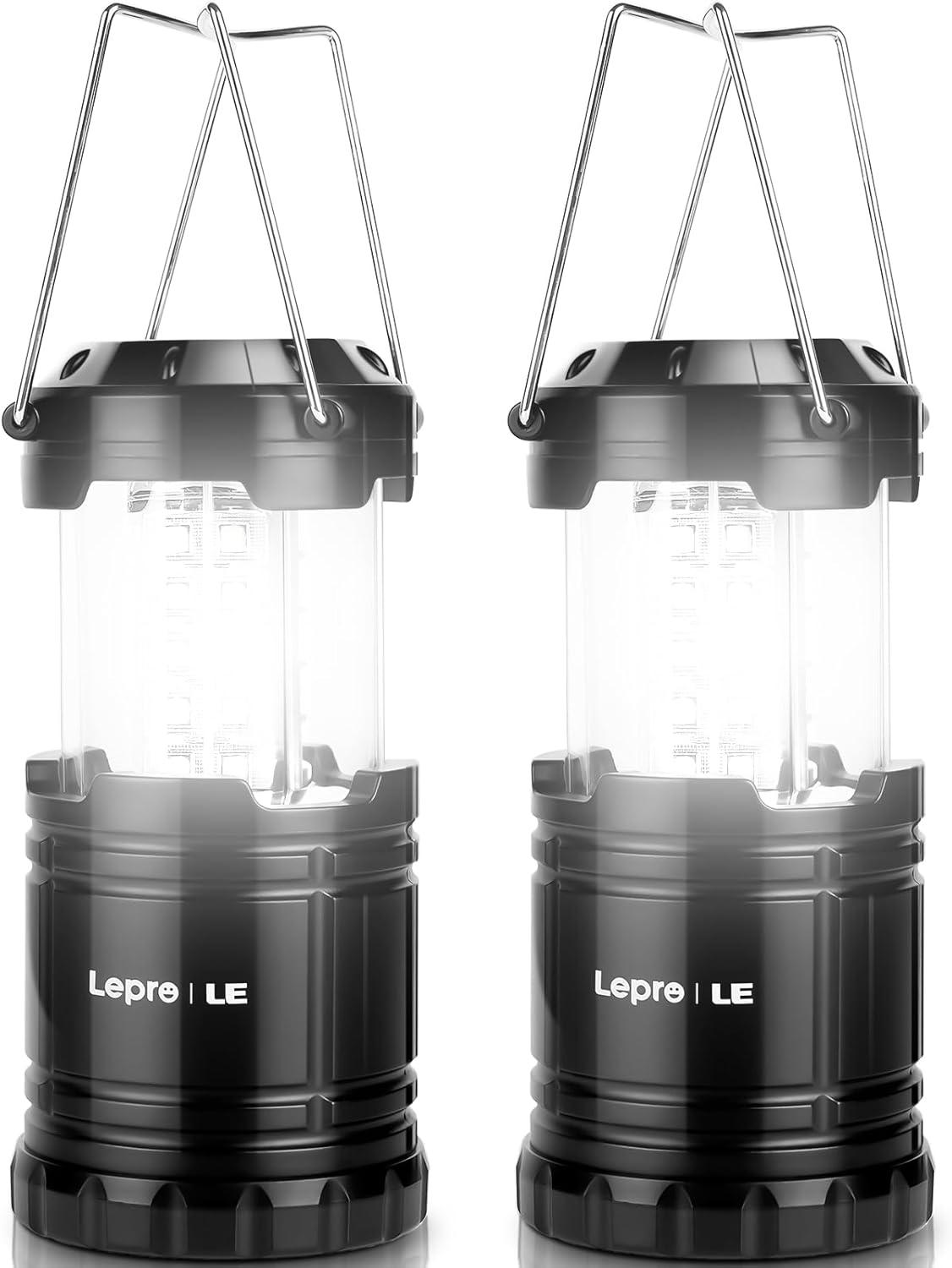 Lepro LED Camping Lanterns Battery Powered, Collapsible, IPX4 Water Resistant, Outdoor Portable Lights for Emergency, Hurricane and Outages, 2 Pack
