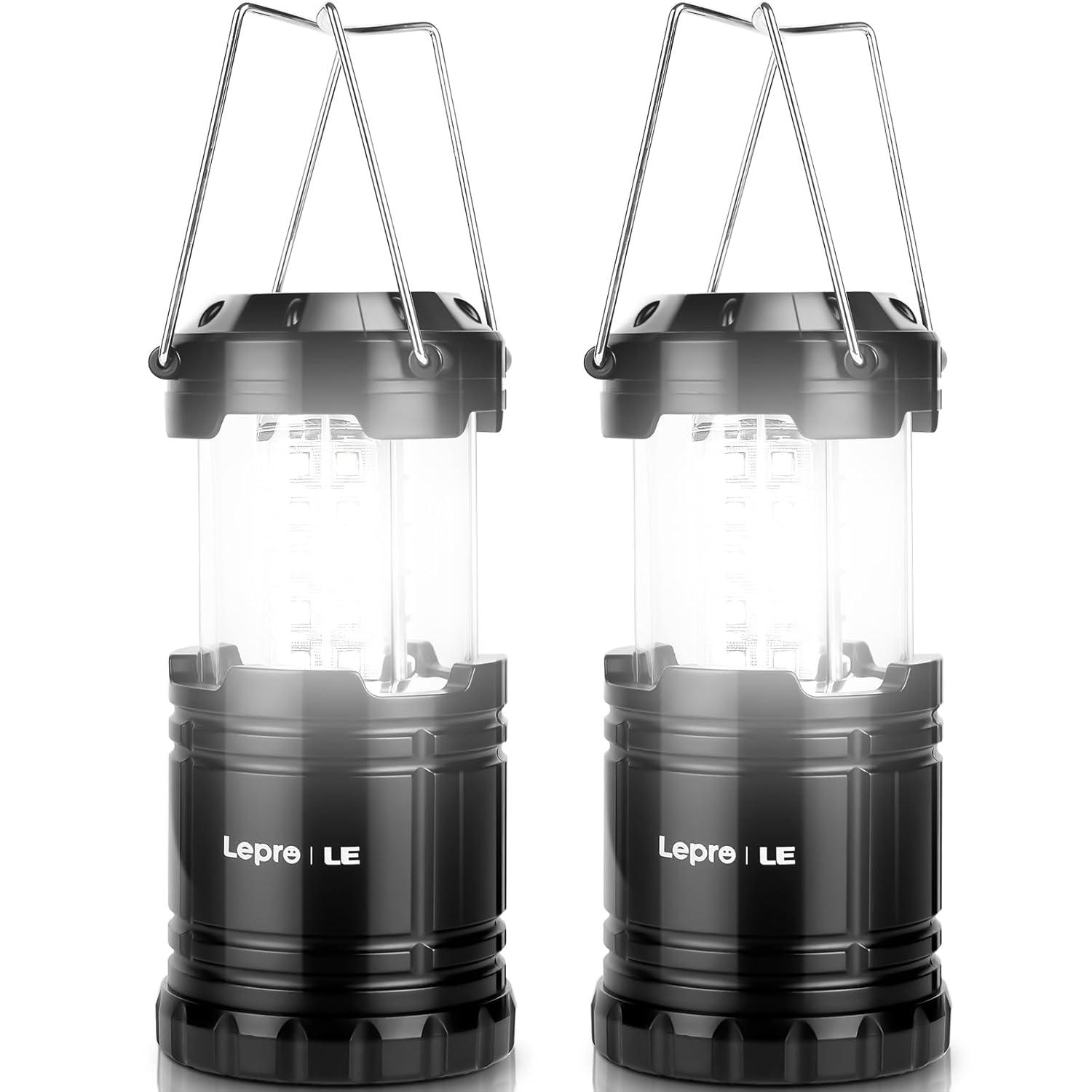 Lepro LED Camping Lanterns Battery Powered, Collapsible, IPX4 Water Resistant, Outdoor Portable Lights for Emergency, Hurricane and Outages, 2 Pack