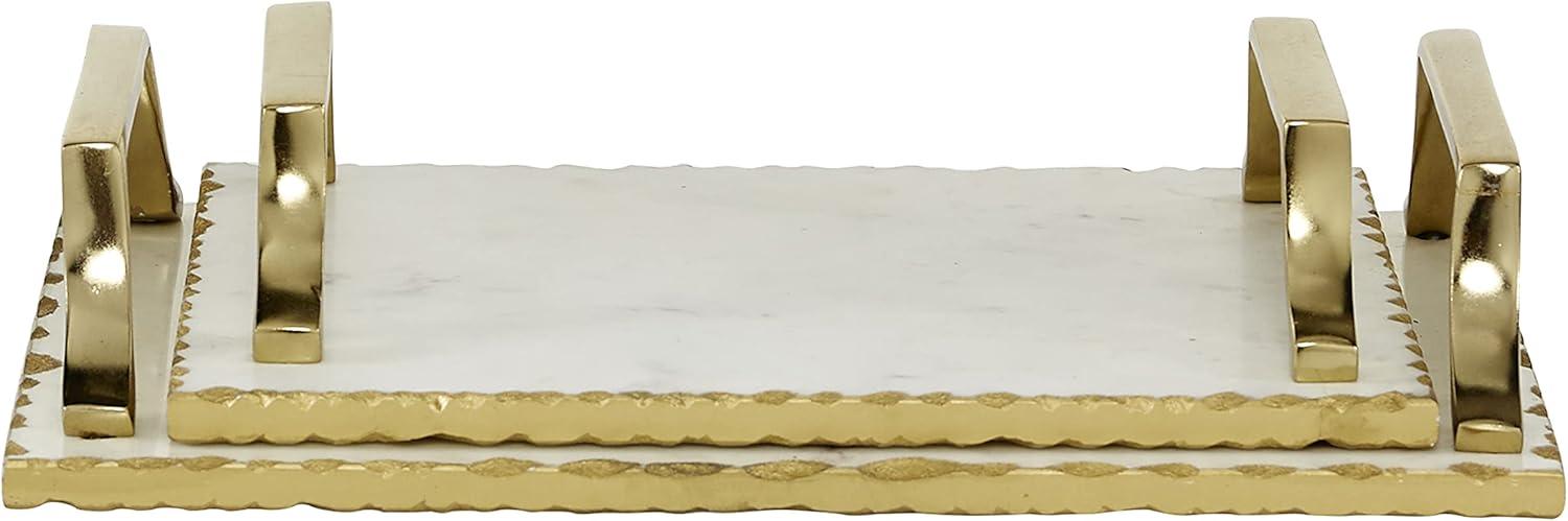 Set of 2 Rectangular Marble Tray with Metal Handles Gold - Olivia & May: Ceramic, Luxury Glam Decor