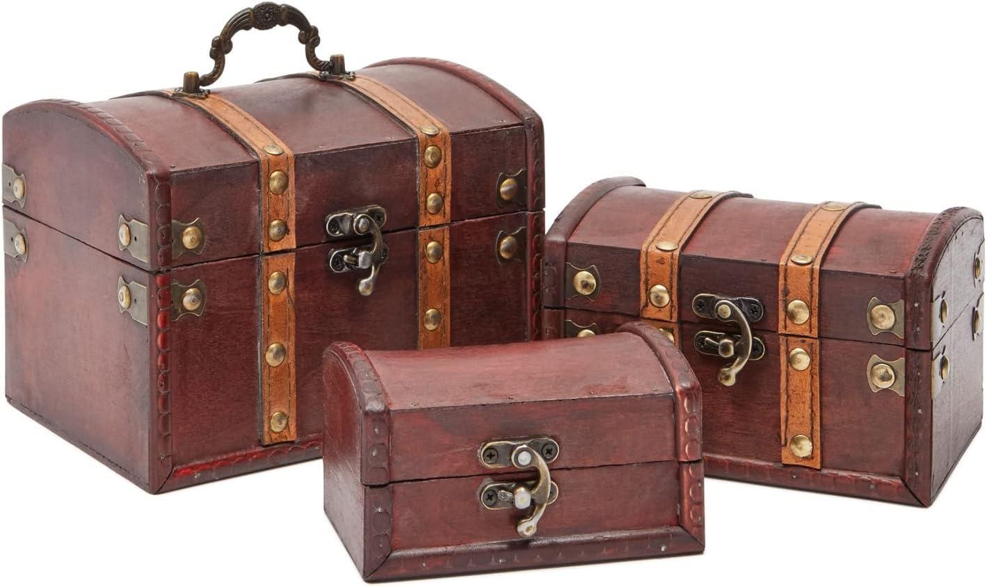 Juvale Set of 3 Small Wooden Treasure Chest Boxes, Decorative Vintage Style Storage Boxes for Jewelry Keepsakes (3 Sizes)