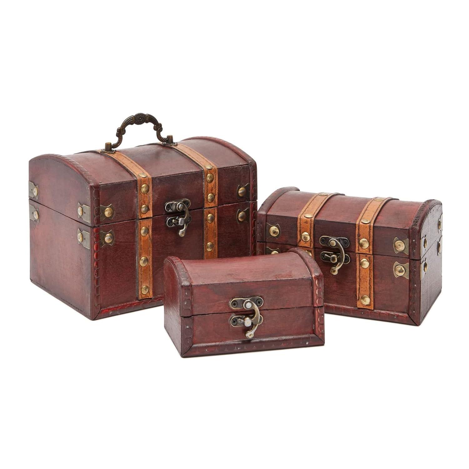 Juvale Set of 3 Small Wooden Treasure Chest Boxes, Decorative Vintage Style Storage Boxes for Jewelry Keepsakes (3 Sizes)