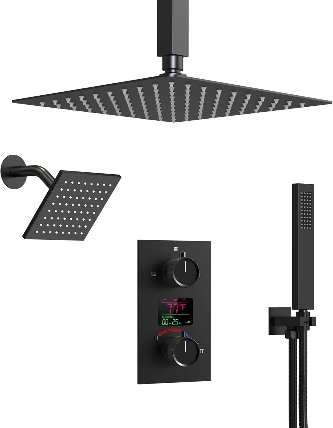 Pressure Balancing Shower Faucet 12" High-Pressure Dual Showerheads with LCD Display