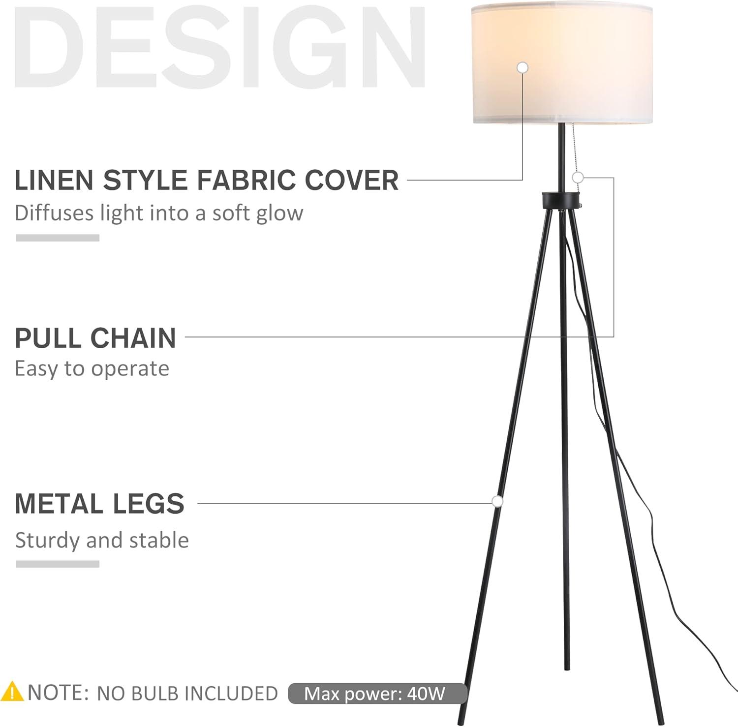 HOMCOM 59.75" Tripod Floor Lamp with Pull Chain Standing, Fabric Lampshade E26 Lamp Holder Steel for Living Room, Bedroom, Office, Black