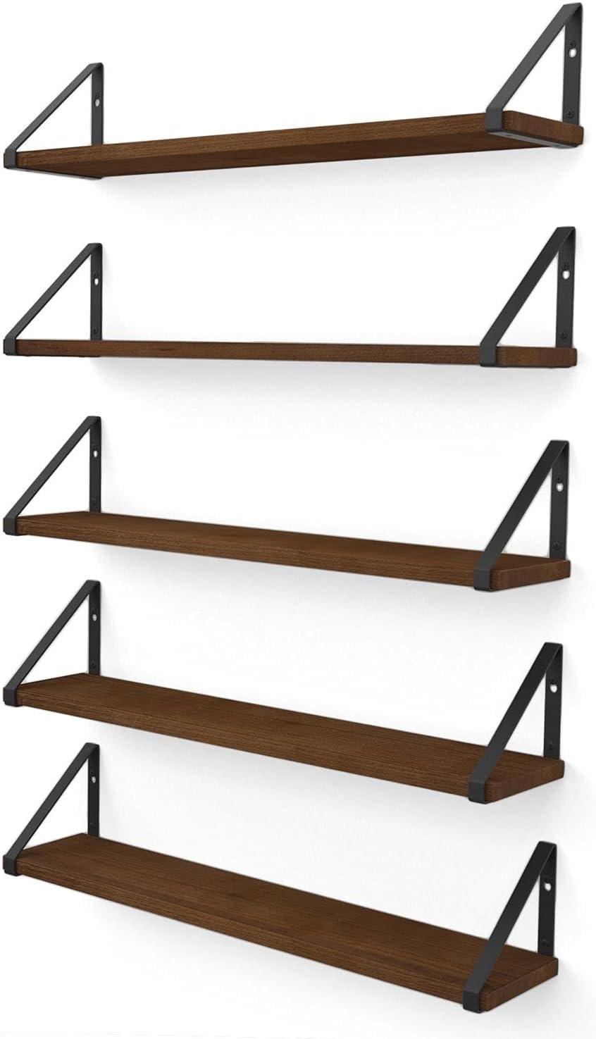 Walnut and Black Metal Floating Wall Shelves, Set of 5