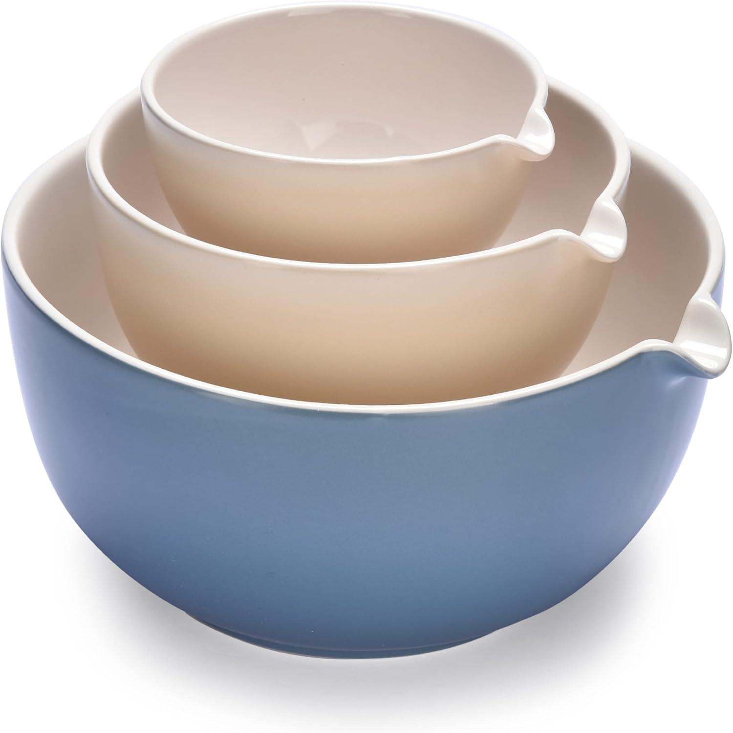 Set of 3 Blue and Beige Ceramic Mixing Bowls with Lids