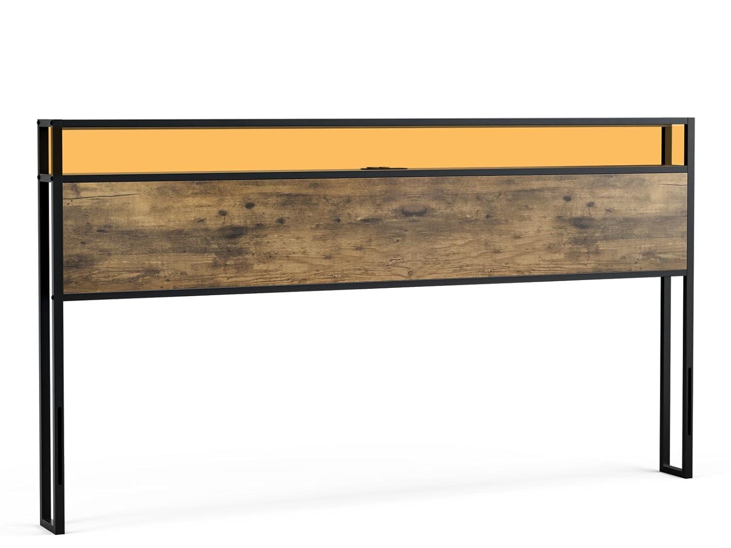 Kaiwei Storage Headboard With Led Lights & Charging Station - Industrial Metal And Wood