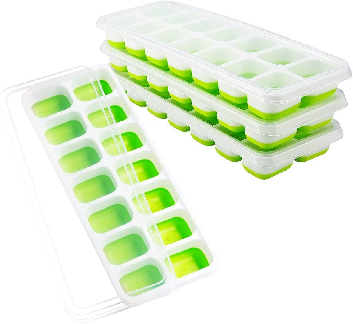 SDJMa Ice Cube Trays 4 Pack, Easy-Release Silicone Bottom 14-Ice Cube Maker with Spill-Resistant Removable Lid, BPA Free, for Cocktail, Freezer, Stackable Ice Trays with Covers