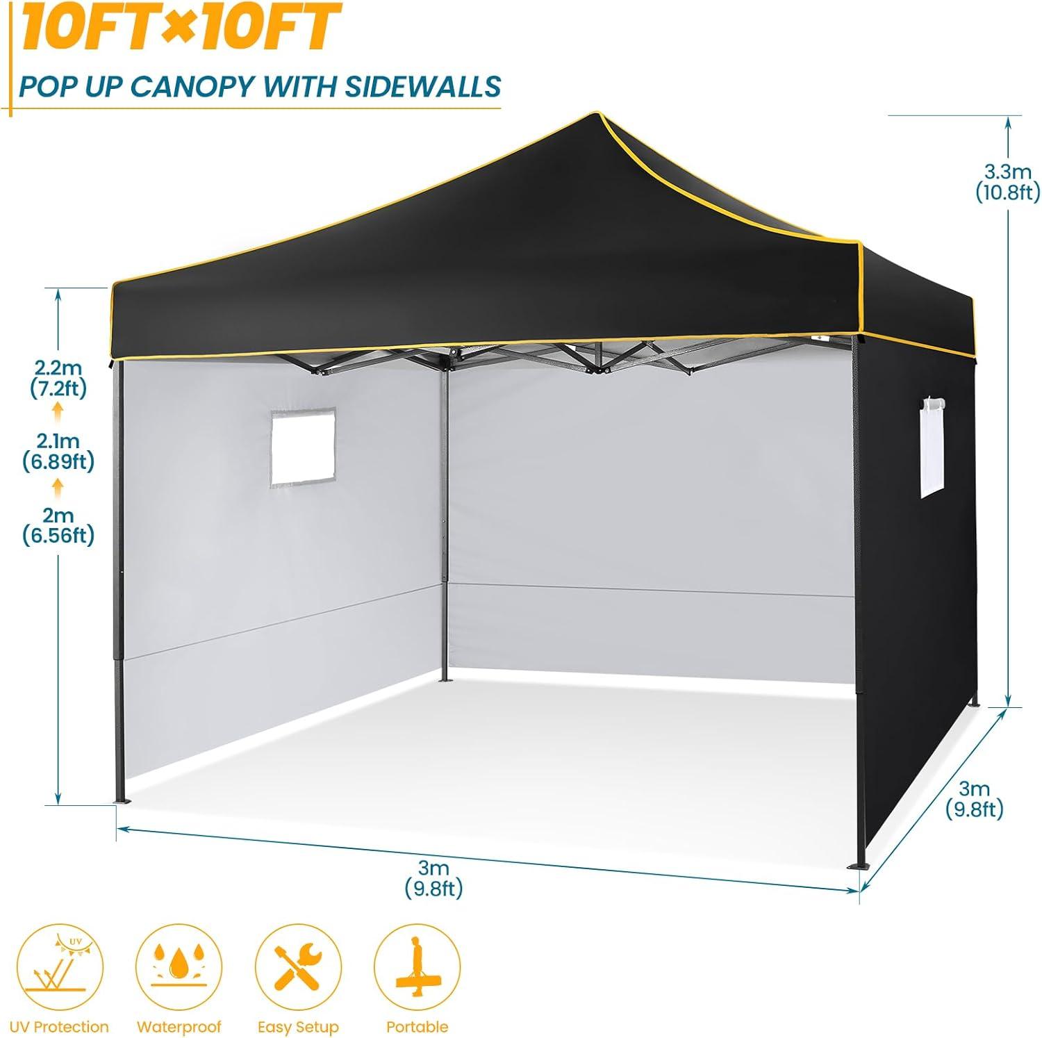 HOTEEL 10x10 Pop up Canopy Tent, Outdoor Tent with Mesh Window, Instant Tents for Party, Camping, Commercial, Waterproof Gazebo with 4 Removable Sidewalls, Black