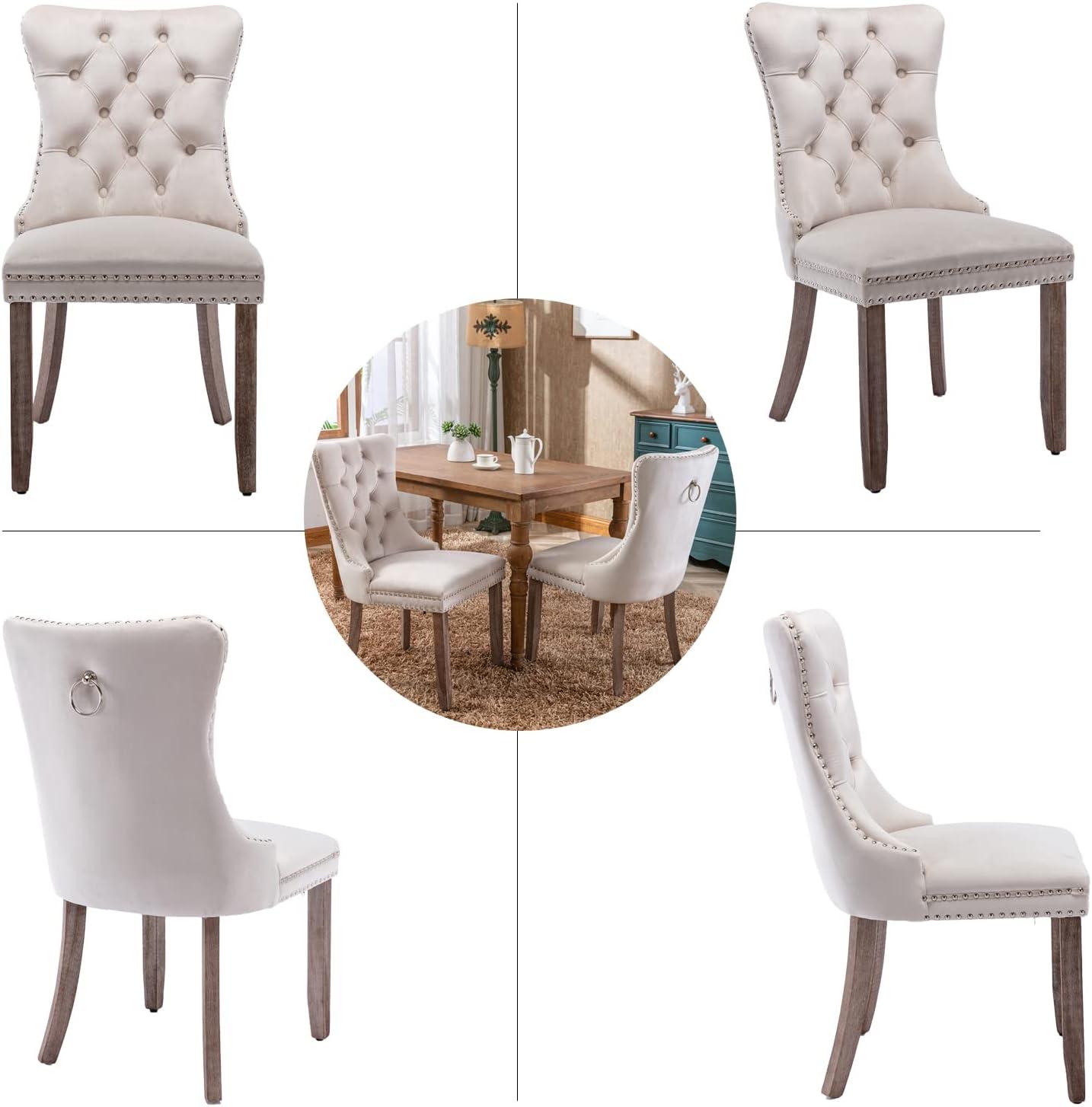 VICBARLEY Velvet Dining Chair Set of 2 Upholstered Tufted Dining Room Chair with Nailhead Trim and Stainless Steel Silver Plated Legs for Kitchen, Restaurant, Beige