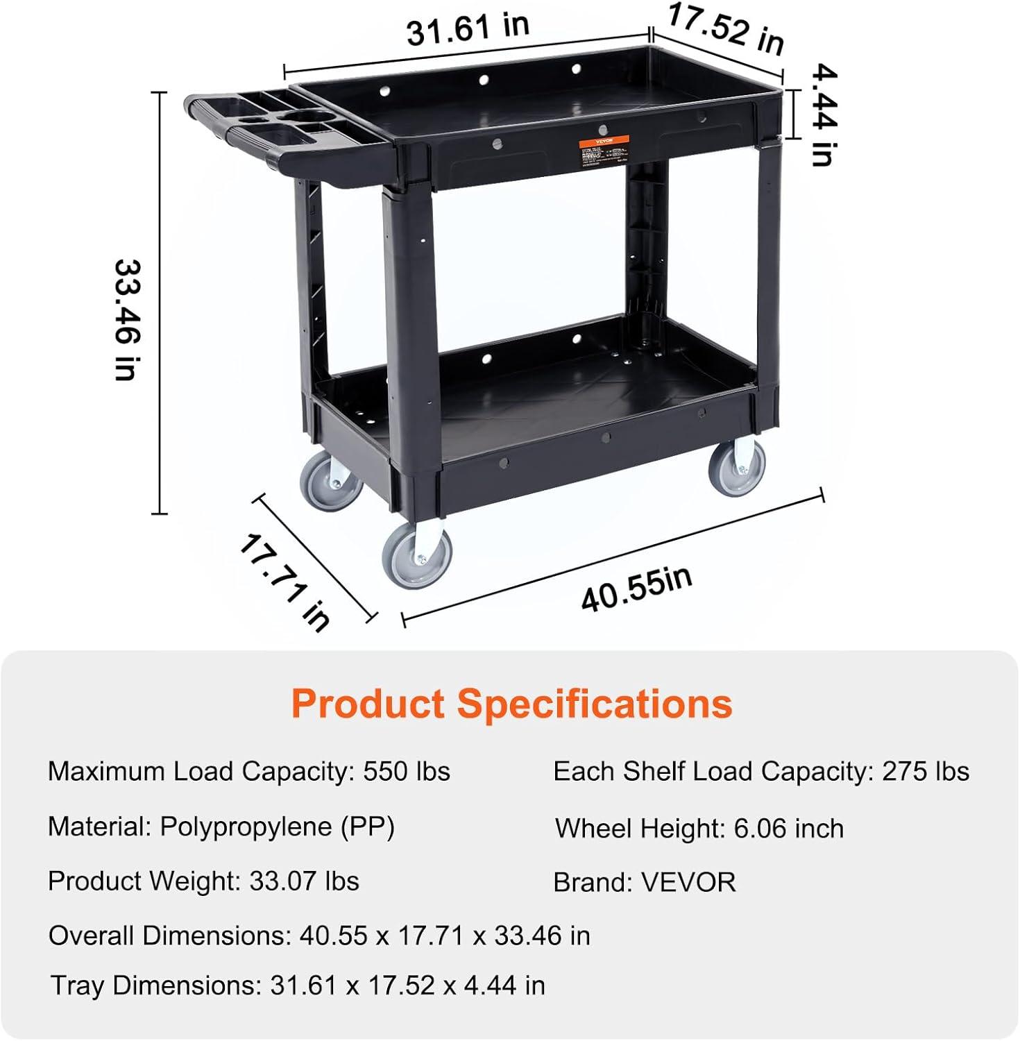 Black Heavy Duty 2-Shelf Rolling Utility Cart with Swivel Wheels