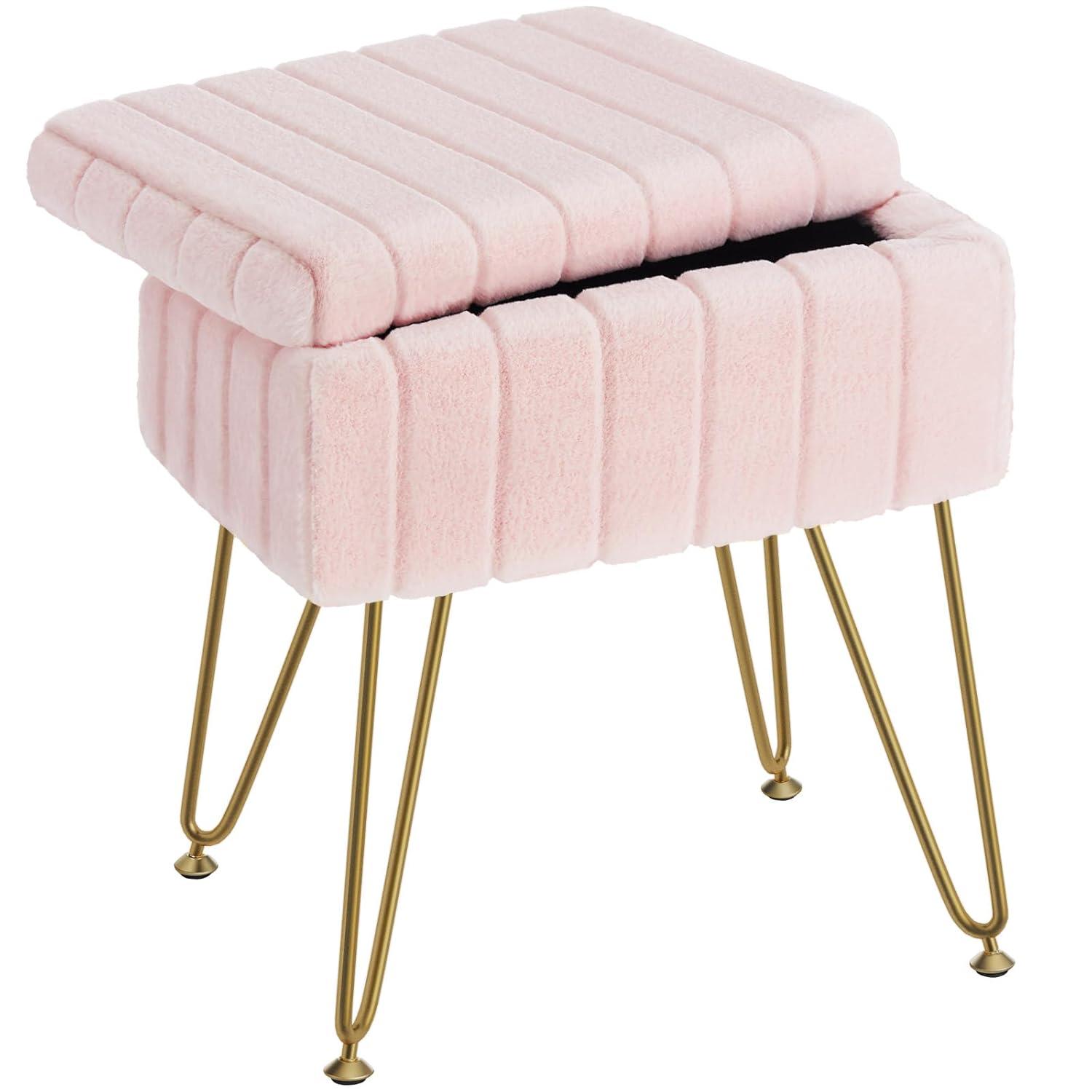 Greenstell Vanity Stool Chair Faux Fur with Storage, 15.7"L x 11.8"W x 19.4"H Soft Ottoman 4 Metal Legs with Anti-Slip Feet, Furry Padded Seat, Modern Multifunctional Chairs for Makeup, Bedroom Pink