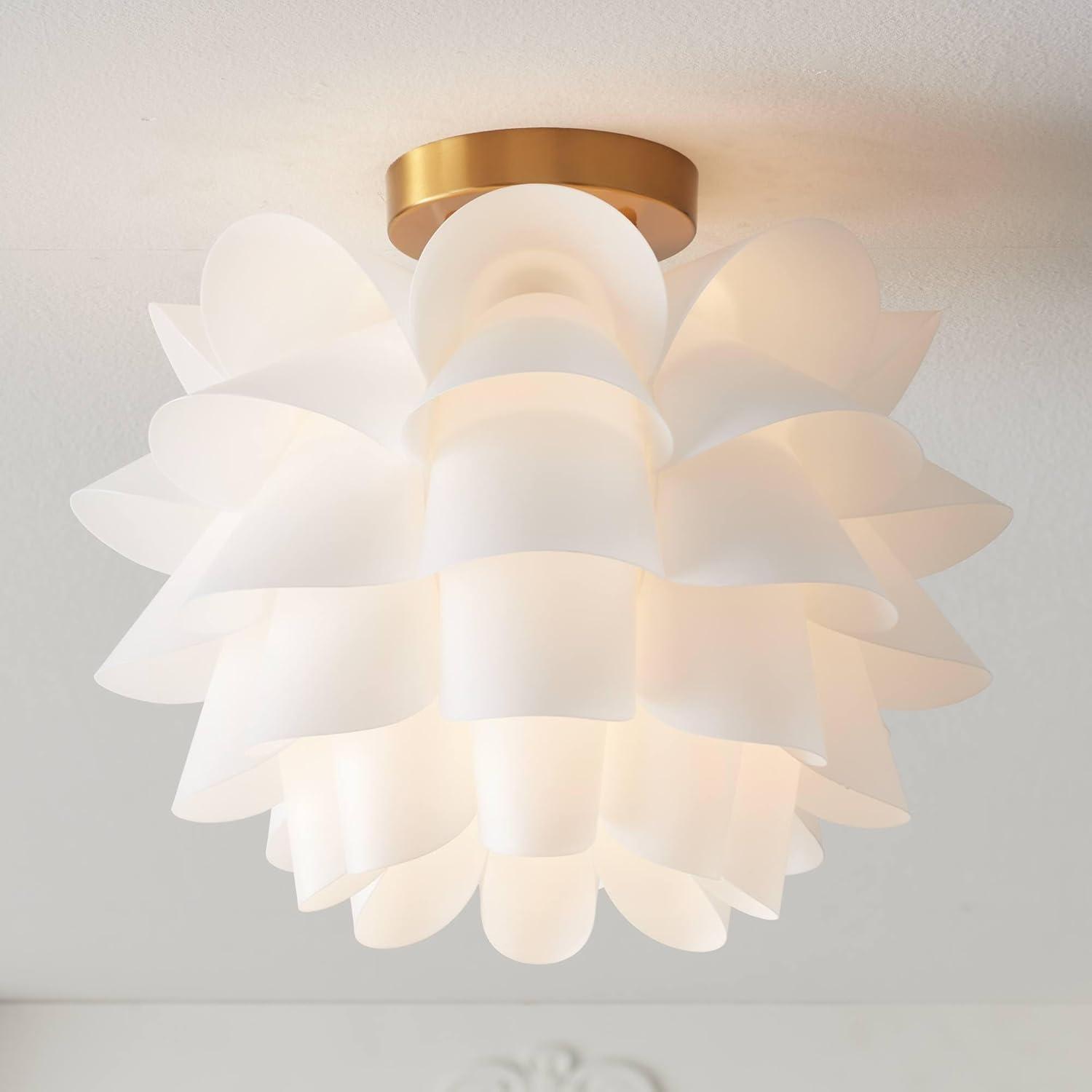 White Flower Gold Metal Semi-Flush Mount Ceiling Light