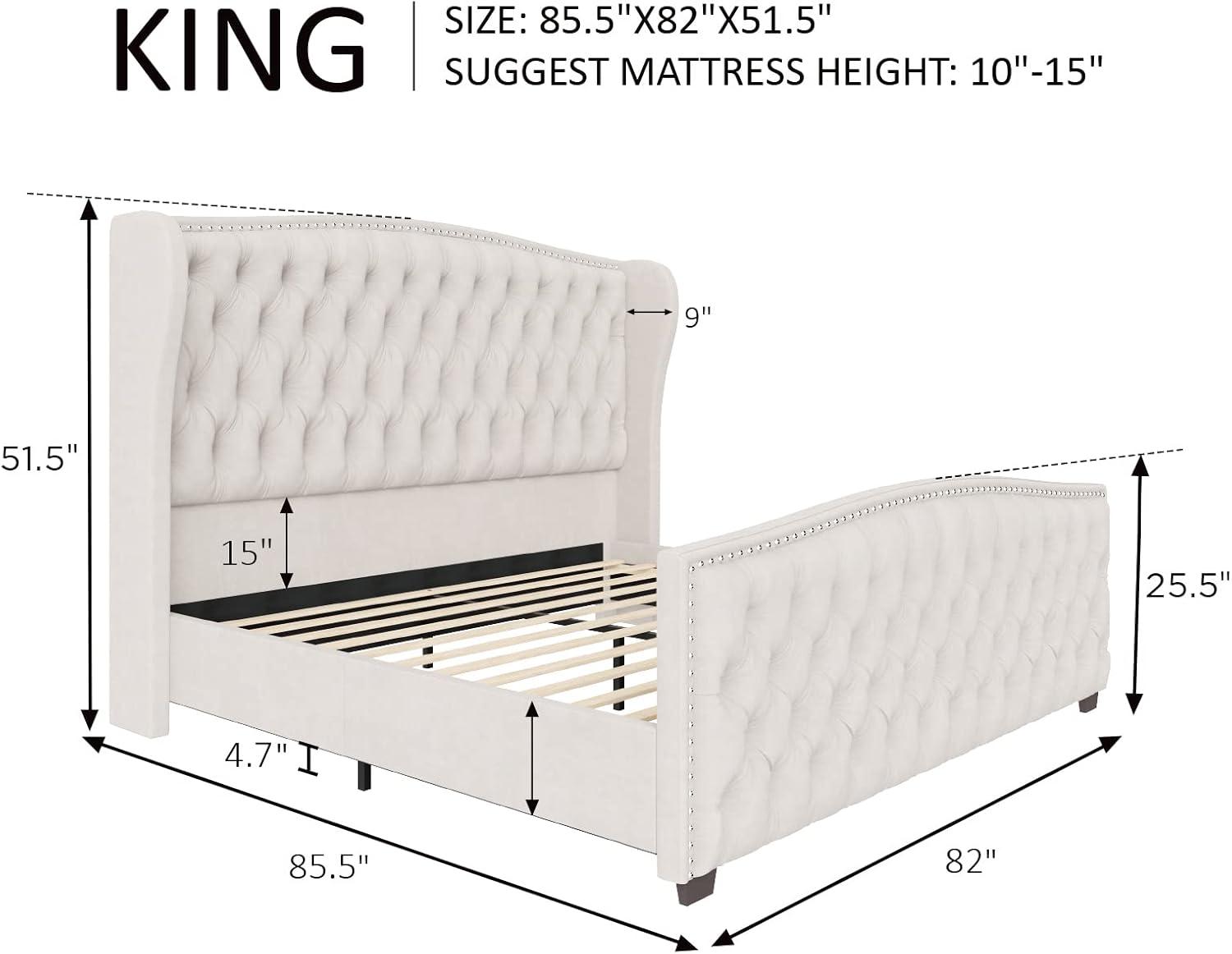 VanAcc Queen Size Platform Bed Frame, Velvet Upholstered Bed with Deep Button Tufted & Nailhead Trim Wingback Headboard/No Box Spring Needed/Cream