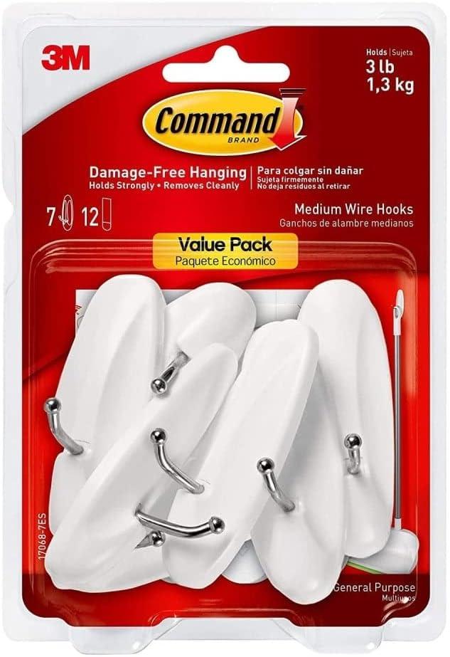 Command Medium Sized Wire Decorative Hooks White: Adhesive Wall Hooks, 3 lb Capacity, 7 Pack