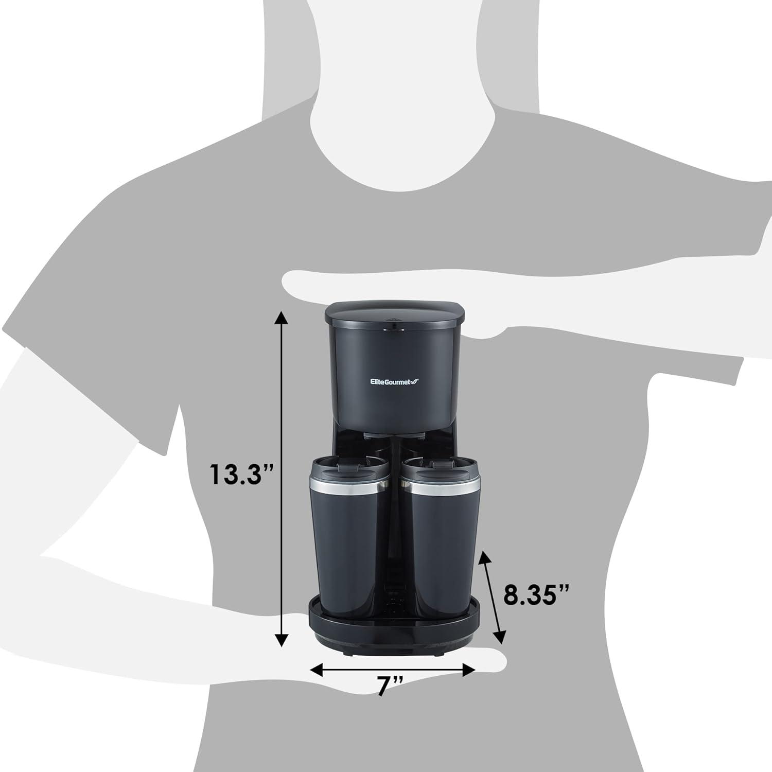 Elite Gourmet Dual Coffee Maker with Two Stainless Steel Interior Travel Mugs, Black