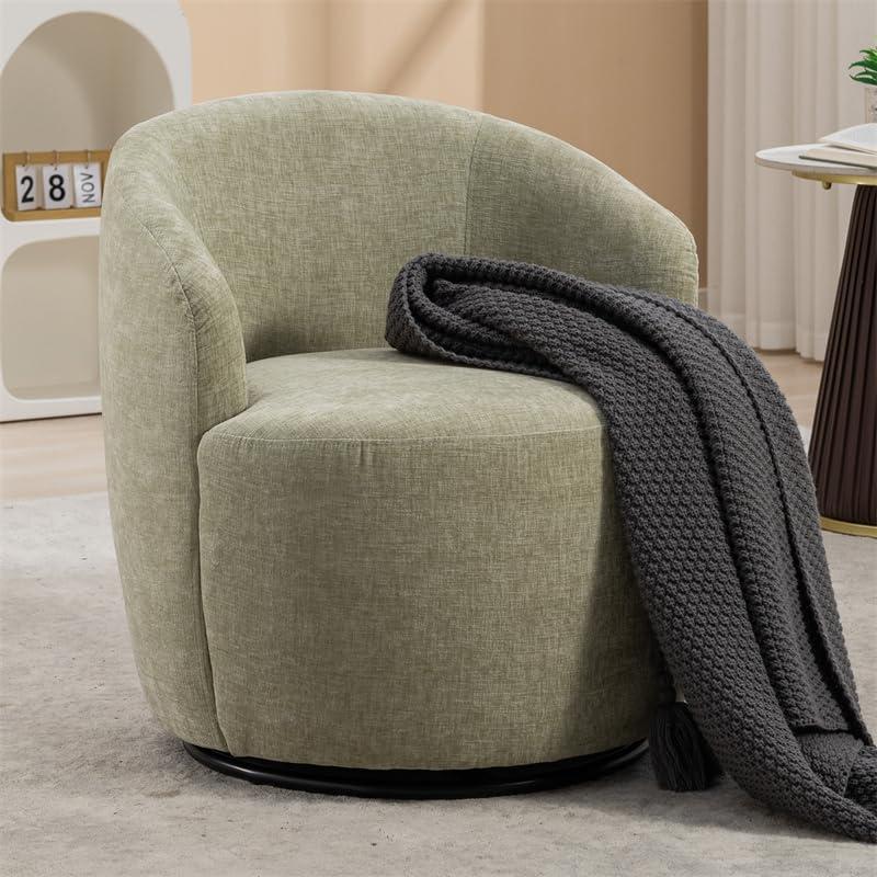 Light Green Chenille Fabric Swivel Barrel Chair with Black Metal Base