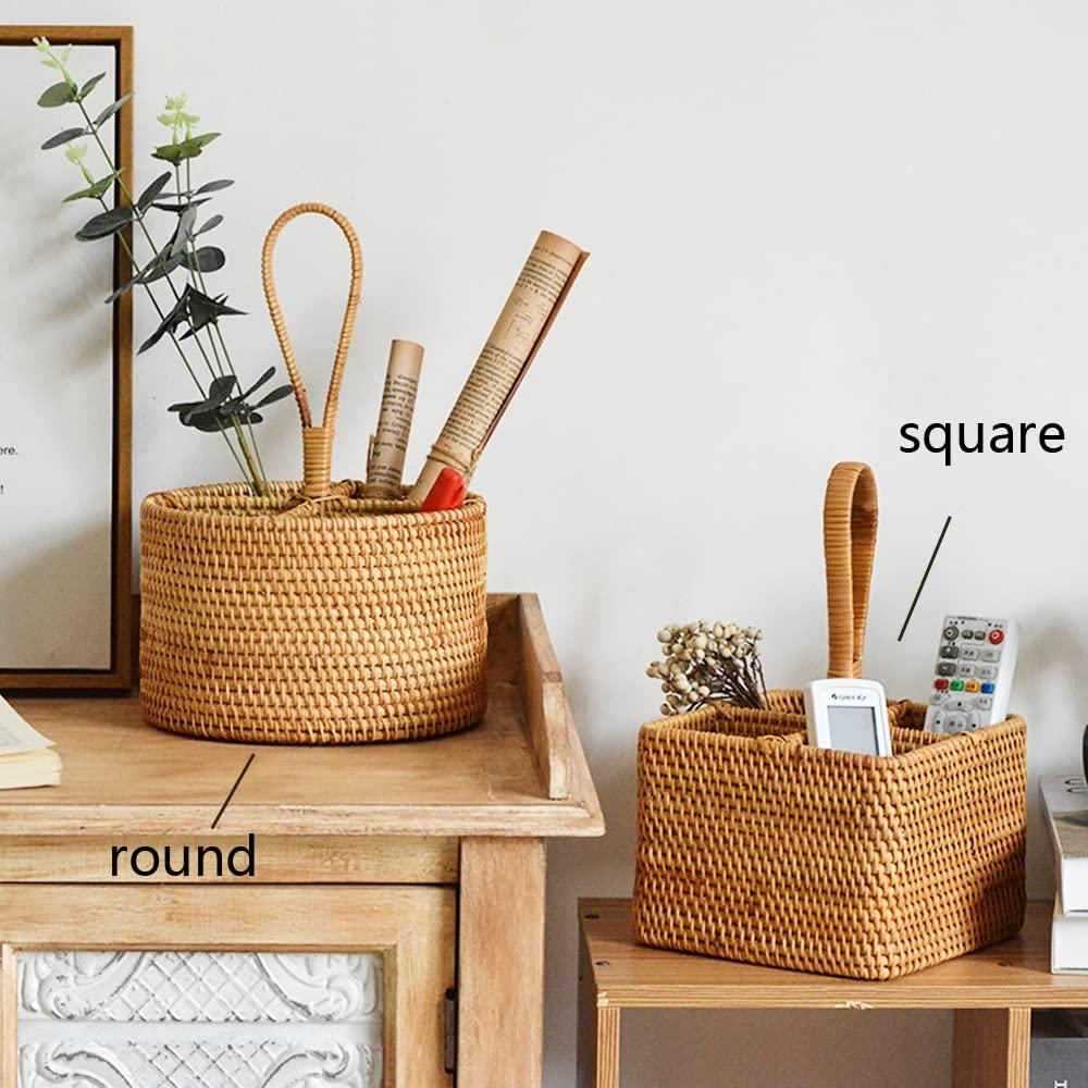 Stack man 2 Pack Rattan Round Condiment Carrier Cooking Utensil Caddy Holder- 4-Compartment Handmade Flatware Organizer Silverware Caddy For Tabletop,Parties, Cooking Utensil Condiment Organizer