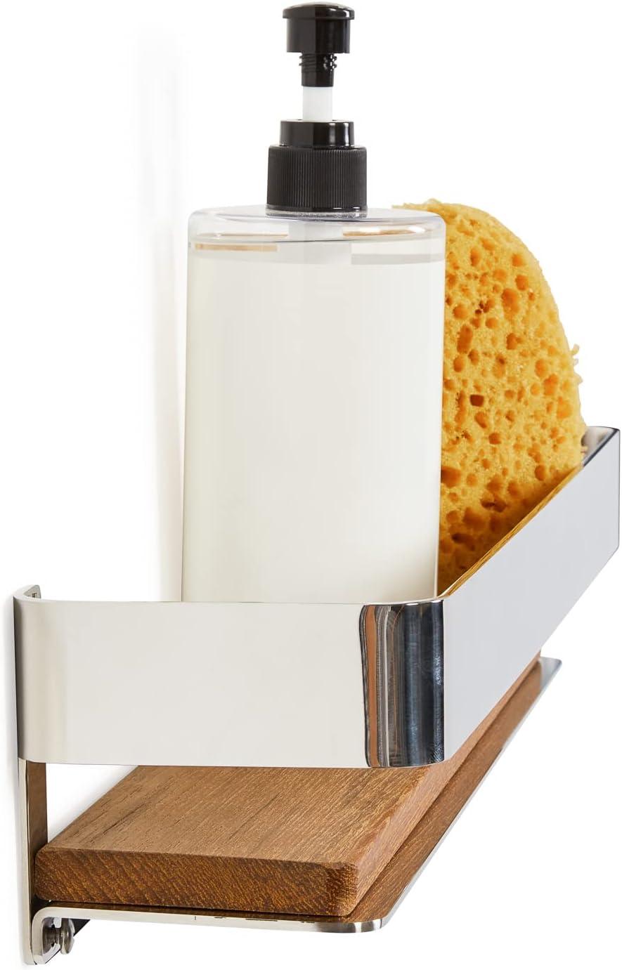 Floating Rectangular Shower Shelf with Rail in a Polished Finish and Natural Teak Wood Insert
