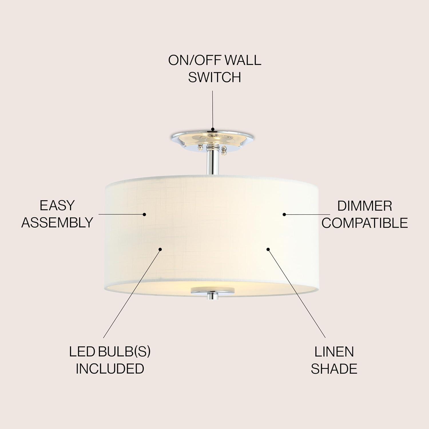 15" Marc Metal/Linen LED Semi-Flush Mount Chrome - JONATHAN Y: ETL Listed, 2-Light Fixture