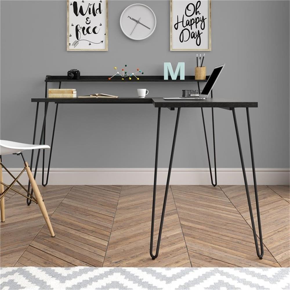 Haven 55'' Black Oak Corner Computer Desk with Metal Frame