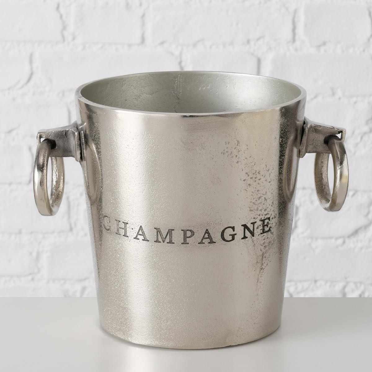 Luxury Champagne Ice Bucket, Elegant Script Text Details, Hand Cast, Silver Aluminum, 18.5 inches