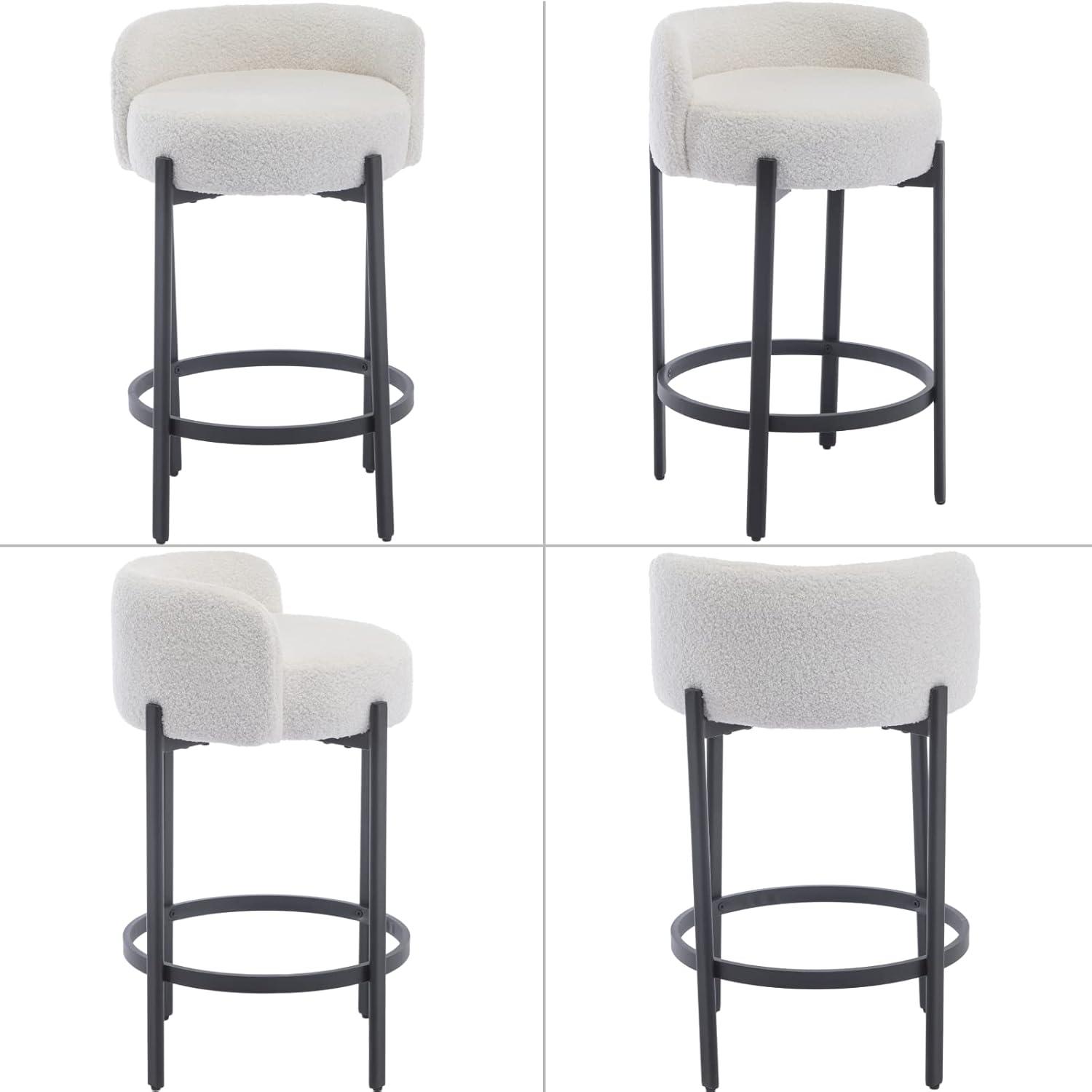 Modern Bar stools Set of 2, 26 Inch Sherpa Fabric Counter Height Barstools with Low Back, Upholstered Round Shape Kitchen Island Stools with Black Metal Legs for Dining Room Bar, White
