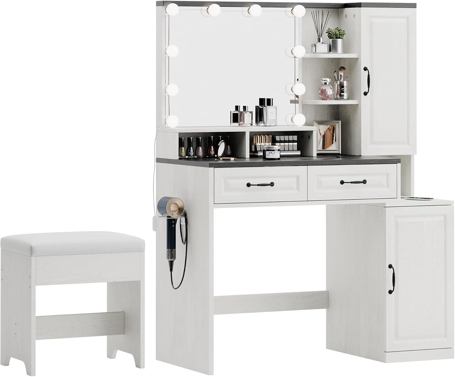 Hommpa Vanity Set with Mirror, Girls Makeup Vanity with  LED Lights, White Vanity Desk with Drawers, Vanity Table with Charging Station for Women Bedroom Storage