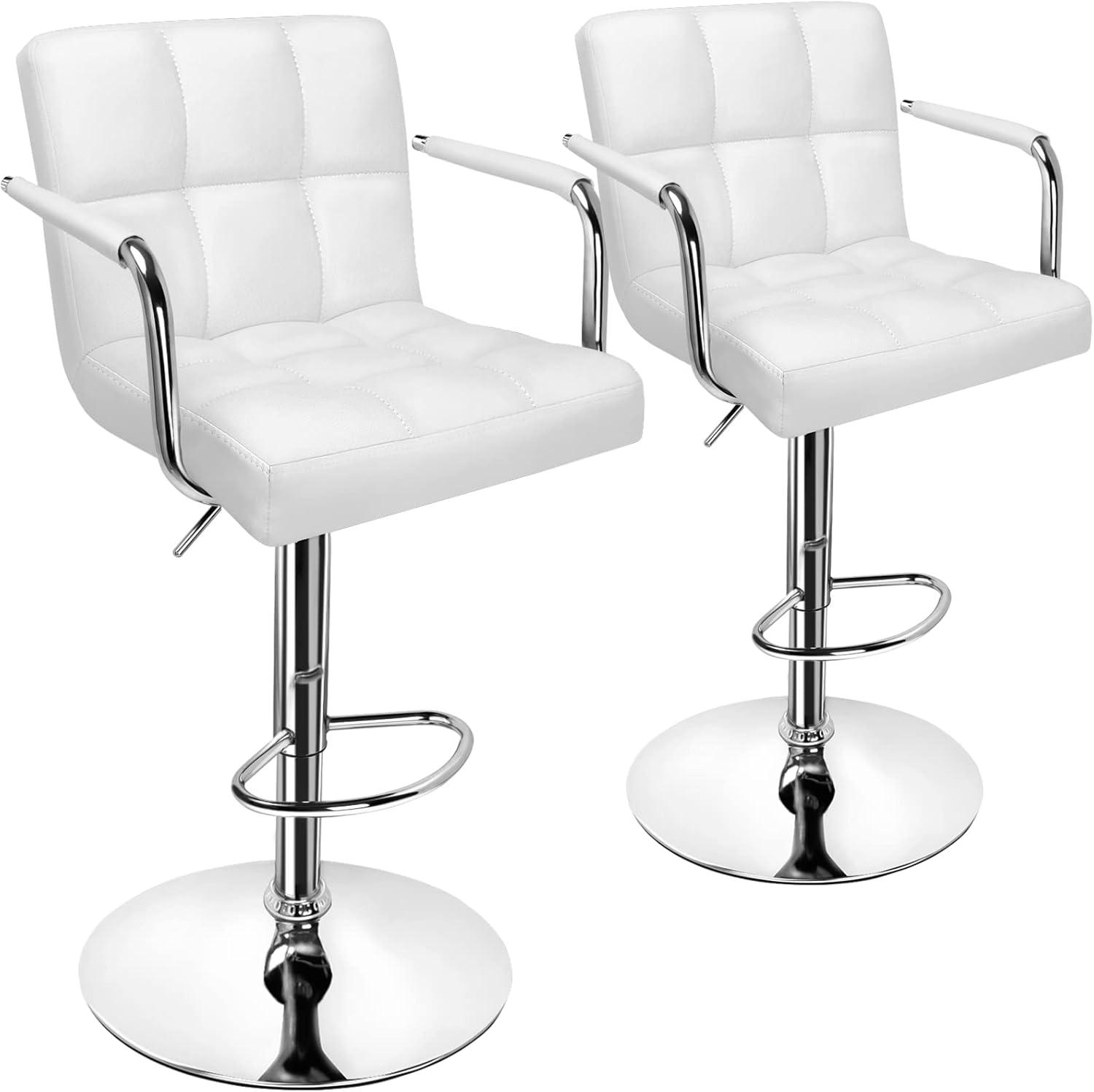 White Faux Leather Adjustable Swivel Bar Stools with Arms, Set of 2