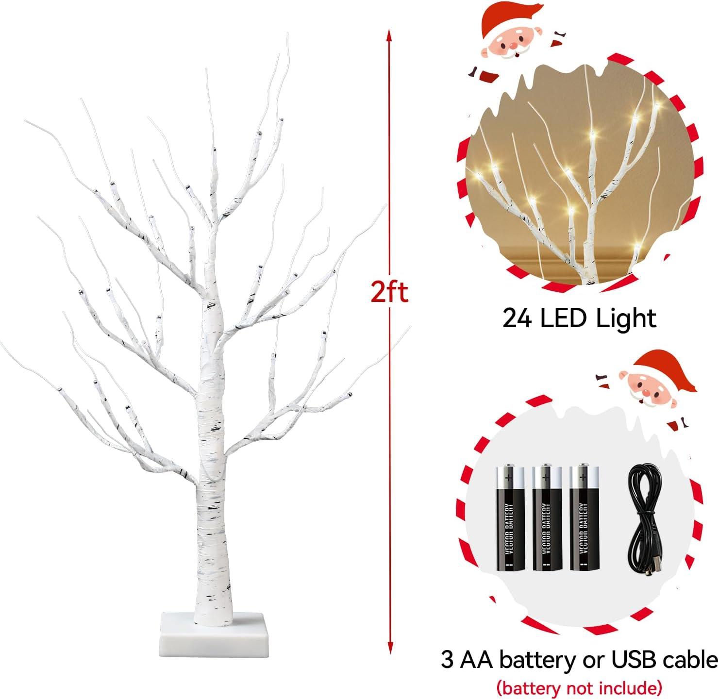 2ft White Birch Tabletop Christmas Tree with LED Lights