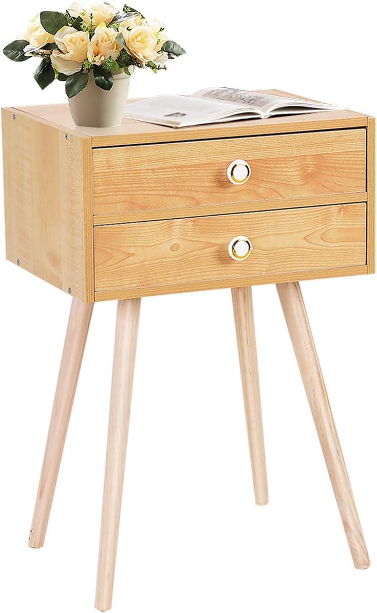 Mid Century Modern Natural 2-Drawer Nightstand with Solid Wood Legs