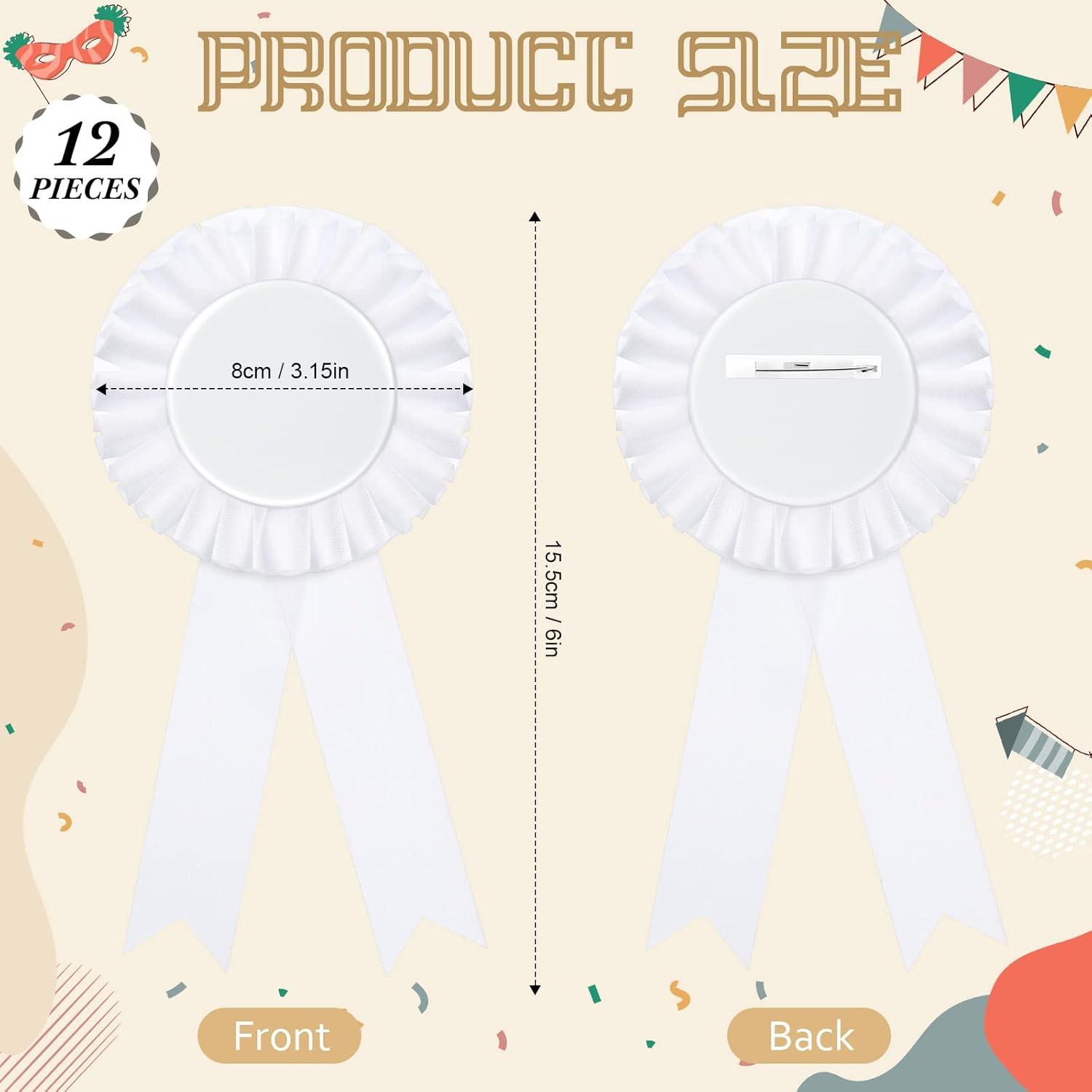 12Pcs White Brooch Winner Blank Award Ribbon Button Pin Victory Ribbons Rosette Ribbon Grand Prize for DIY Classroom Party Accessory Competition Sports Event School Contests Show