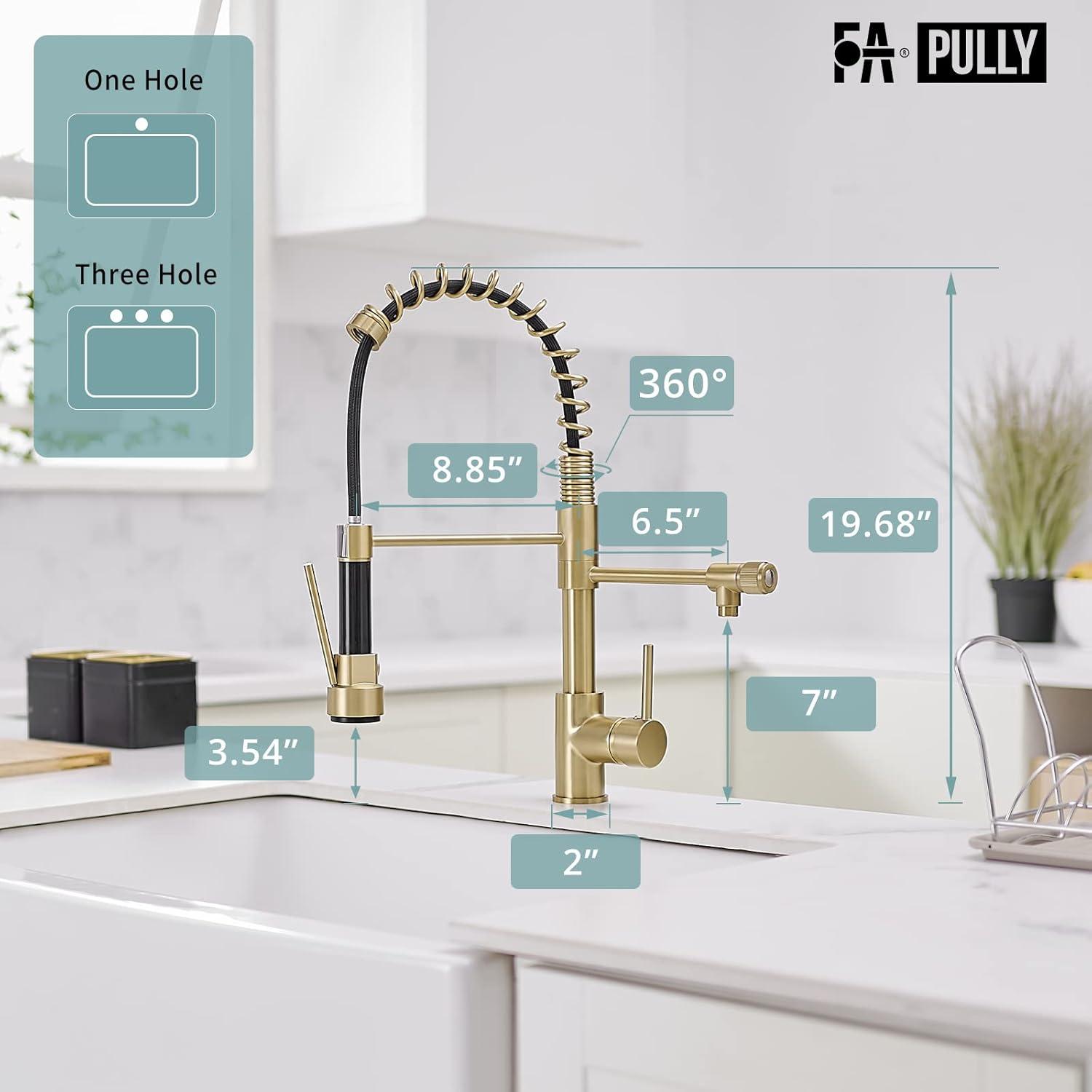 Contemporary Kitchen Sink Faucet, Single Handle Brass Spring Kitchen Faucet with Pull Down Sprayer, Rotatable Pull-Out Kitchen Mixer Tap, Brushed Gold